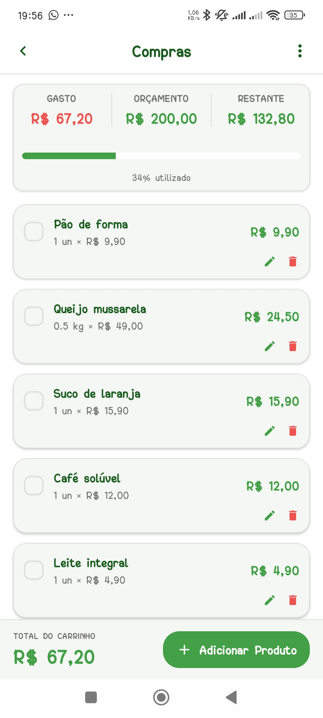 Tela do Mercado App mostrando lista de compras e controle de orcamento